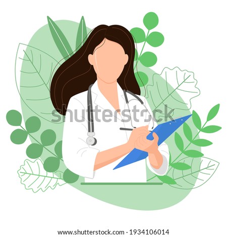 Female doctor with blue tablet, image on green background. Medicinal herbs. Alternative medicine. Homeopathy. Medicine. Medical worker,
medical assistant