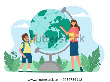 The teacher explains the lesson. Learning, boy in geography lesson. Student internship or tutor. Vector illustration in flat style