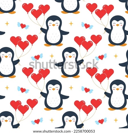 Cute penguin is holding balloons in the shape of a heart. Valentine's Day. Seamless pattern. Can be used for web page background fill, surface texture