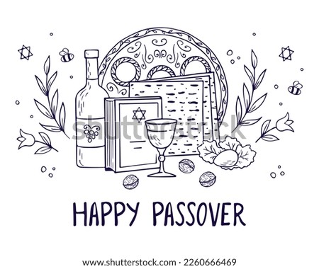 Passover greeting card, poster, invitation. Jewish holiday. Passover template for your design with matzah, wine bottle, glass, torah and spring flowers. Happy Passover inscription. Vector 