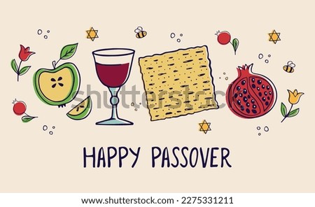 Passover card for the Jewish holiday. Template for your design with matzah, glass of wine, pomegranate and apple fruits, spring flowers. Happy Passover inscription. Vector