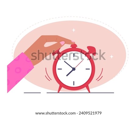 Woman turns off the alarm clock. A person presses a button to snooze an alarm. Vector illustration