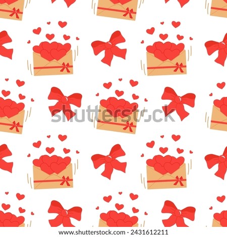 Envelope with hearts and a red bow. Valentine's Day, love, mail. Seamless pattern. Can be used for web page background fill, surface texture