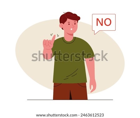 Man says no and showing stop with one finger, taboo sign, negates with a facial expression. No, he makes a stop gesture. Vector illustration