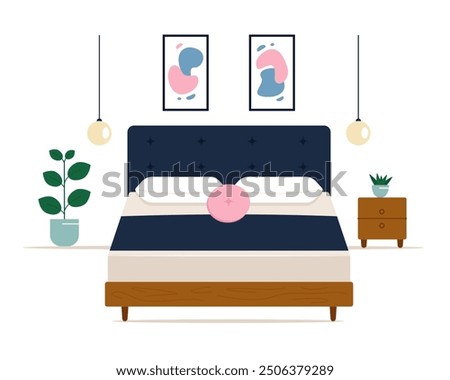 Cozy bedroom. Cute bedroom interior. Vector illustration