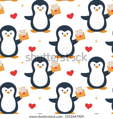 Cute penguin is holding an envelope with a letter. Valentine's Day. Seamless pattern. Can be used for web page background fill, surface texture	