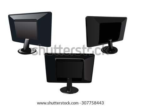 rear view of three black monitors with stand, vector