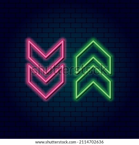 Neon direction arrow elements up, down, left, right. Retro light sign on dark background