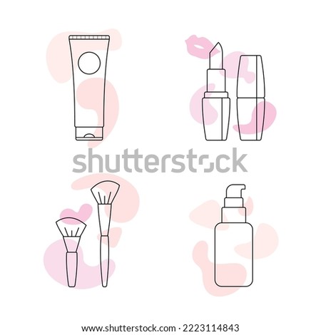 Set cosmetics for make-up. Fashionable makeup accessories lipstick, blush and eyeshadow brushes, cream base and foundation for an even skin tone. Vector thin line illustration. Women's style