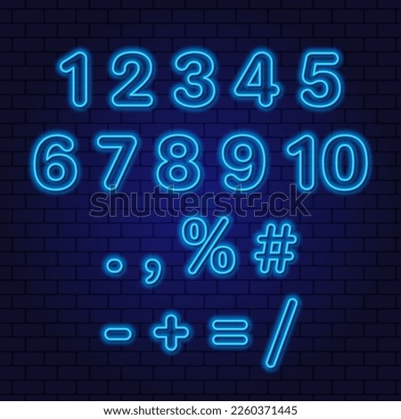 A set of neon numbers and signs for writing discounts, dates, prices. Glowing contour vector digits design elements.