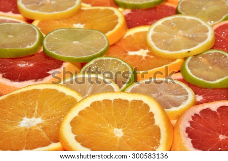 Orange, red grapefruit, lemon and lime slices put over each other