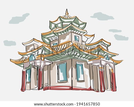 Buddhist monastery temple sketch vector. Temple hand drawn illustration.