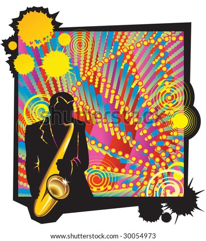 Musical jazz party with saxophonist's silhouette in foreground, illustration Stock fotó © 