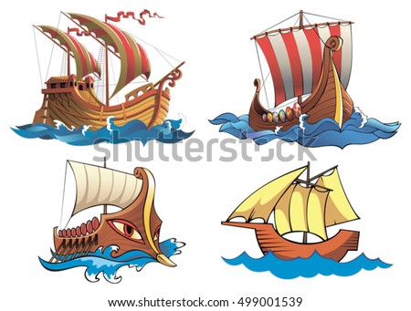 Four ships of different origin and ages, vector illustration