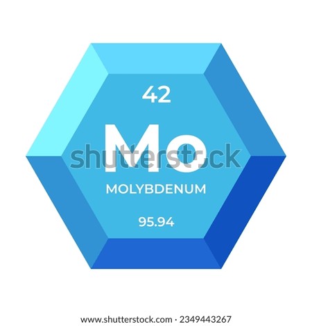 Molybdenum is chemical element number 42 of the transition metal group. Icon of chemical element of periodic table in 3d hexagon. Chemistry for children, elementary education.