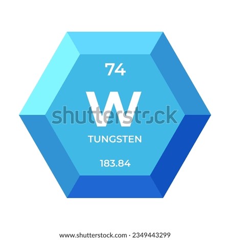 Tungsten is chemical element number 74 of the transition metal group. Icon of chemical element of periodic table in 3d hexagon. Chemistry for children, elementary education.