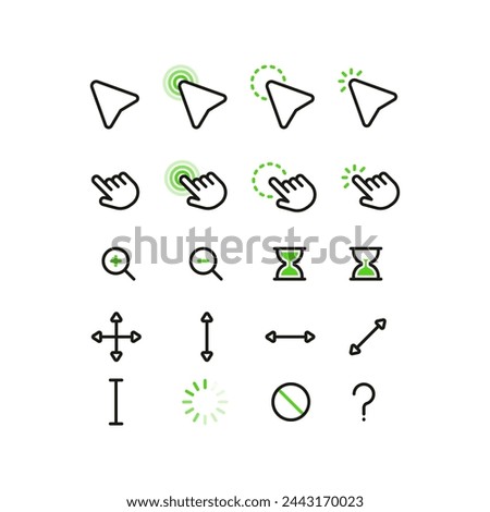 A set of green flat simple cursor icons. Minimalistic flat mouse cursor, pointer, hand, zoom in, zoom out.
