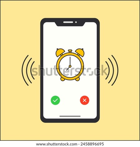 Illustration of an alarm clock ringing on a cell phone. Flat illustration of a ringing phone alarm clock.