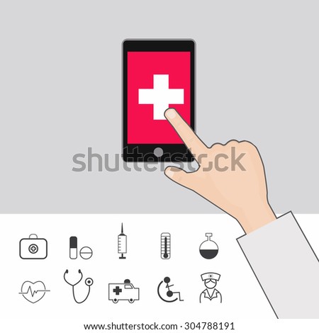 Health and phone, icons health in flat design. Vector illustration.