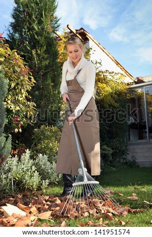 Woman raking leaves in  the garden