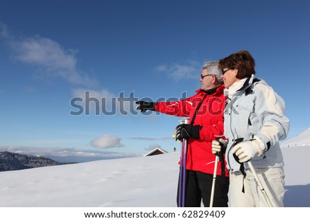 Senior man and woman looking away in snowy landscape