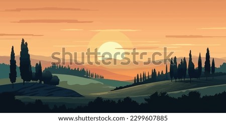 Enchanting Tuscan Sunrise  Vector Landscape with Pines and Cypresses