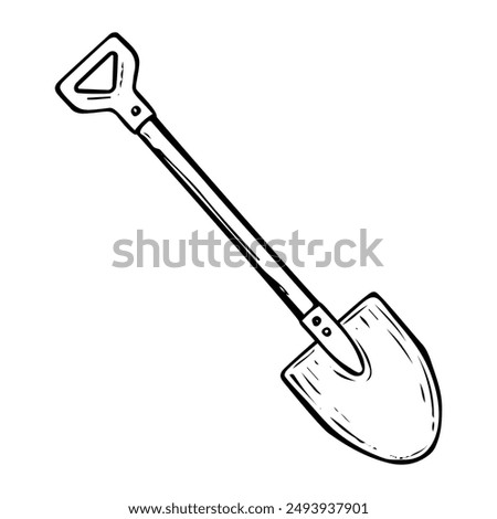 Garden shovel hand drawn in doodle style. Hobby gardening. Working tool for digging earth. Vector line art illustration.