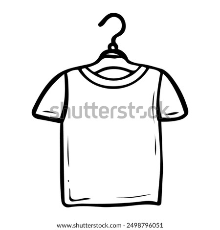 A T-shirt hanging on hanger hand drawn doodle. Storing clothes in a closet. Short sleeve sweater. Laundry room. Cleaning the house. Vector outline line art illustration.