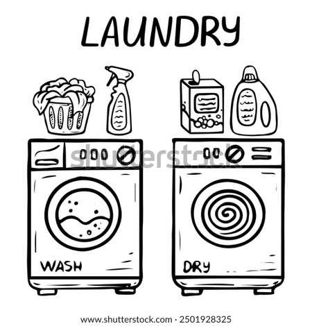 Laundry room hand drawn doodle. Washing and drying machine. Basket of dirty laundry. Clothes cleaning products. Vector outline line art illustration.