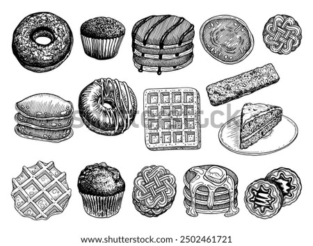 Set sweet desserts hand drawn sketch. Sugar baked food. Sponge cake, waffle, pancake, donut, cookie, muffin, bar. Confectionery products. Tasty snack. Vector line art illustration.