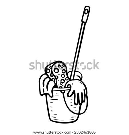 Bucket with house cleaning tools hand drawn doodle. Wiping off dust. Washing the floor. Laundry room. Mop, gloves, sponge, rag. Vector outline line art illustration.