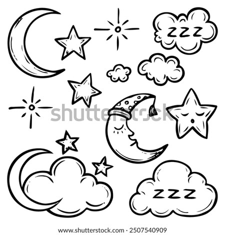 Set of crescents, stars and clouds hand drawn doodle. Night sky. Time to sleep. Sleeping moon. Good night. Vector outline line art illustration.