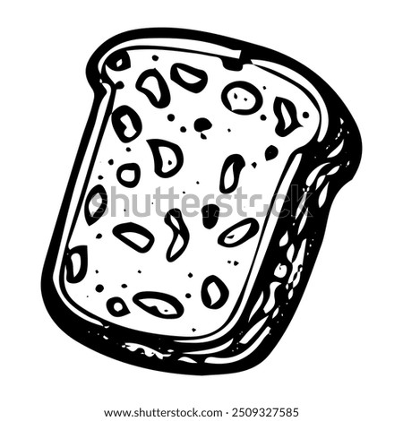 Slice of toast bread hand drawn doodle. Baked bun. Bakery. Loaf. Wheat dough pie. Sweet food. Cut off piece. Homemade pastry. Sugar biscuit dessert. Vector sketch line art illustration.