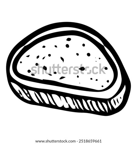 Piece of bread hand drawn doodle. Baked bun. Bakery. Loaf. Baguette. Wheat dough pie. Sweet food. Cut off slice. Homemade pastry. Sugar biscuit dessert. Vector sketch line art illustration.