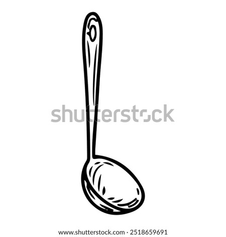 Ladle hand drawn doodle. Food scooping device. Big spoon. Tableware. Kitchen utensils. Household appliance. Vector sketch line art illustration.