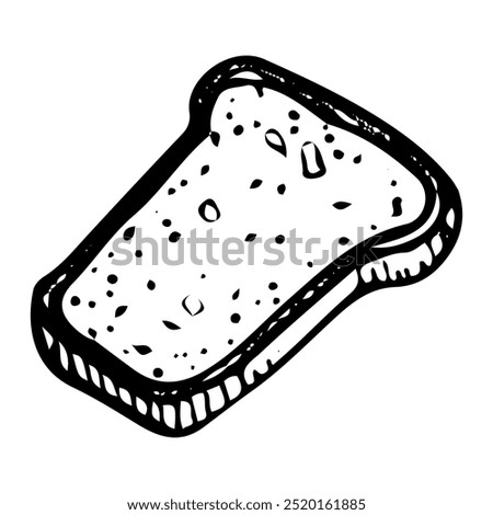 Slice of toast bread hand drawn doodle. Baked bun. Bakery. Loaf. Wheat dough pie. Sweet food. Cut off piece. Homemade pastry. Sugar biscuit dessert. Vector sketch line art illustration.