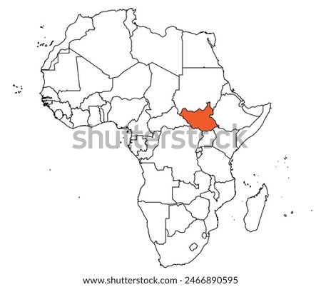 Outline of the map of the South Sudan with other countries of the continent of Africa