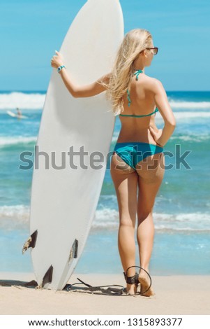 Safety Stock Pretty Blonde Surfer Girl With Surfboard Watching