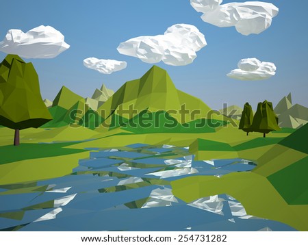 Low-poly landscape with trees and water