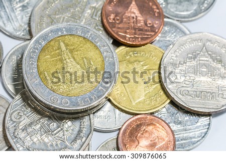 Thailand coins money on a white background. Selective focus point.