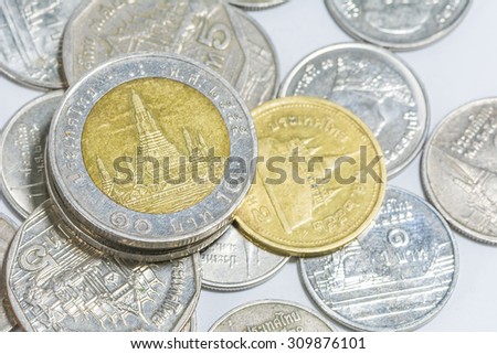 Thailand coins money on a white background. Selective focus point.