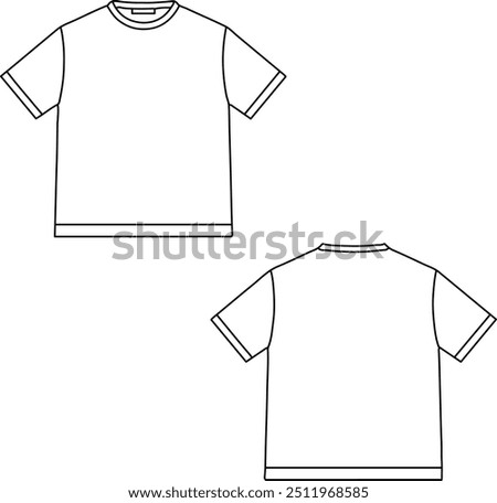 Mockup simple outline t-shirt. It is shown from the front and the back. The t-shirt has short sleeves and a round neckline. The drawing is simple, with no details or shading.