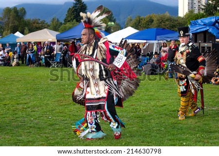 WEST VANCOUVER, BC, CANADA - AUGUST 30 : Unidentified Native Indian man takes part at the Squamish Nation 27th annual Pow Wow in West Vancouver, Canada on August 30 2014