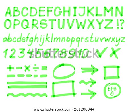 Large set. Alphabet, numbers, signs, handwritten green marker. Vector. EPS8