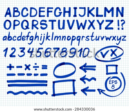 Letters, numbers, arrows, mathematical symbols, lines, written in blue marker. Vector.