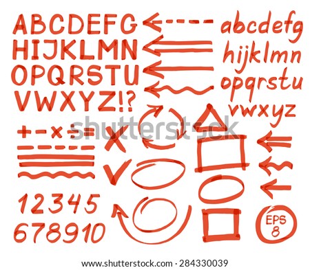 Letters, numbers, arrows, mathematical symbols, lines, written in red marker. Vector.