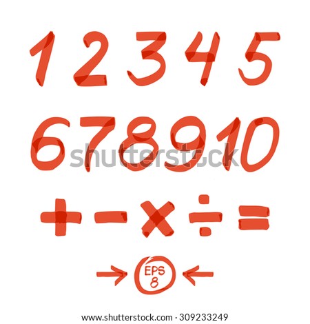 Set of numbers and mathematical signs. Red marker. Vector 8