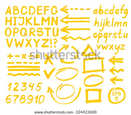 Letters, numbers, arrows, mathematical symbols, lines, written in orange yellow marker. Vector.