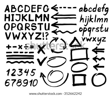 Letters, numbers, arrows, mathematical symbols, lines, written in black marker. Vector.