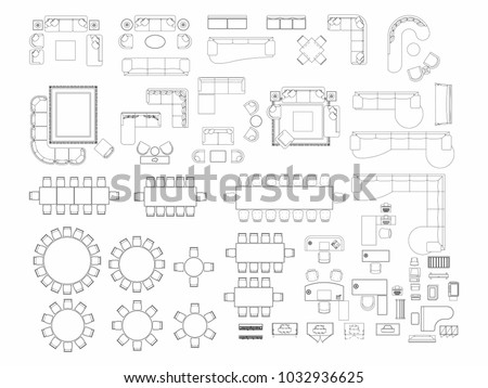 Top view of set furniture elements outline symbol for dining room, office, working, living room and accessories. Interior icon chair, table and sofa.